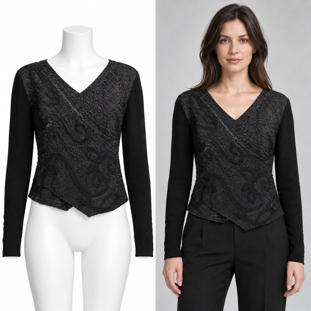 Anne Fontaine Milla Blouse Women 4 Black Ruched Textured Long Sleeve Top Minimal